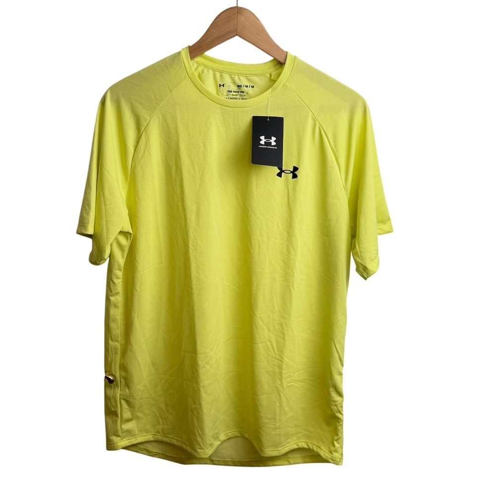 Under Armour Mens Tech Tee M Yellow Active Gym Shirt Neon Wicking Running Sporty - Picture 3 of 7